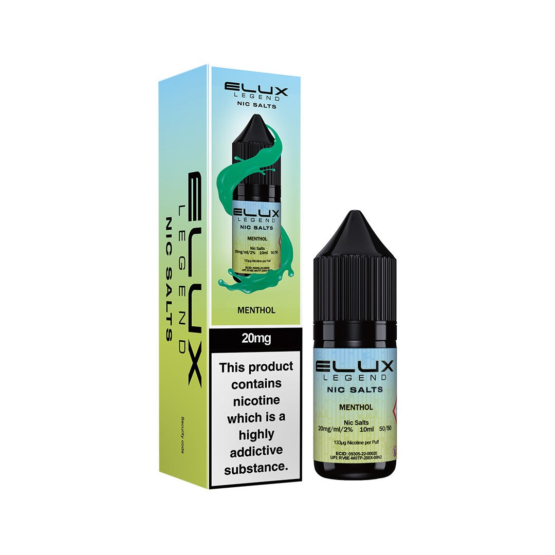 Elux Legend Nic Salts Menthol vape juice bottle and packaging on a white background