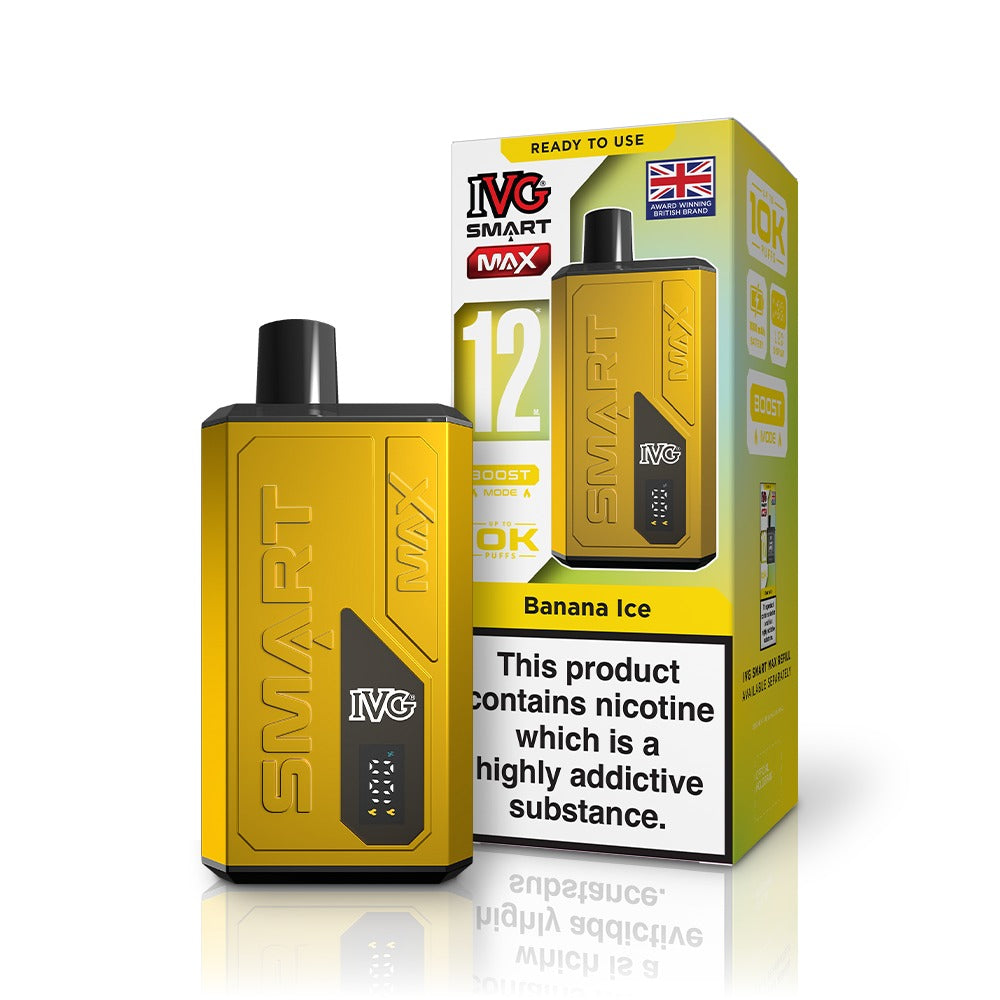 Yellow IVG vape device and packaging on a white background
