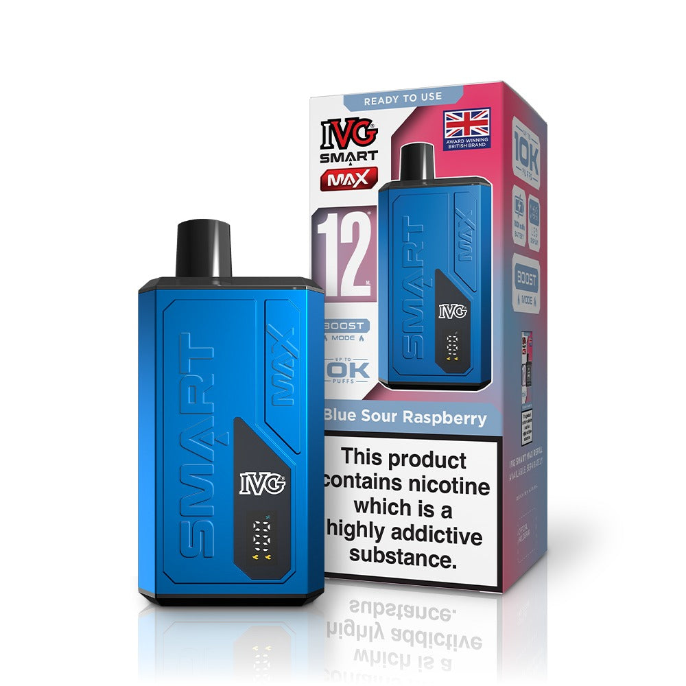 Blue IVG vape device with packaging on a white background
