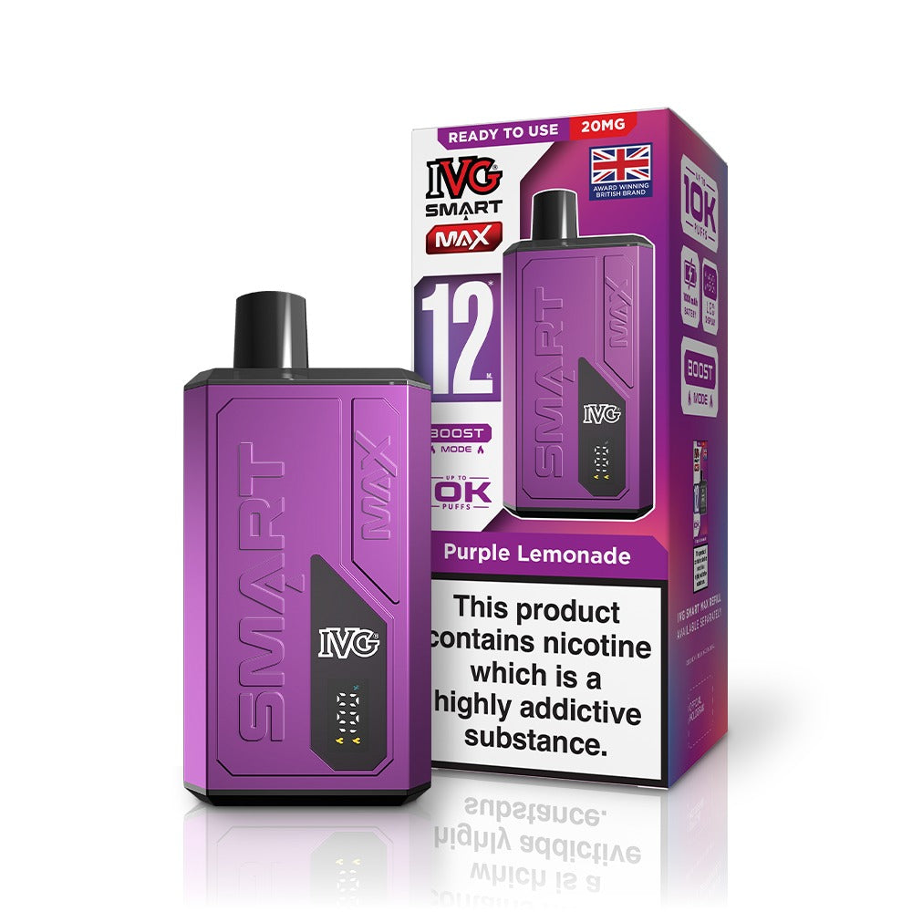 Purple vape device with packaging on a white background