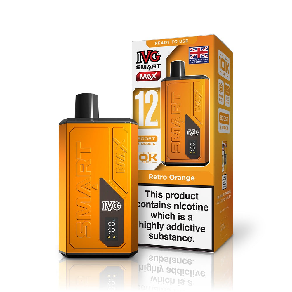 Orange IVG vape device and packaging on a white background