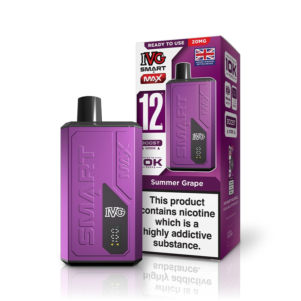 Purple IVG vaping device and packaging on a white background