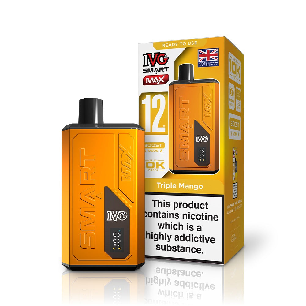 Orange IVG vape device and packaging on a white background
