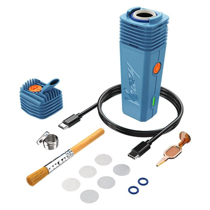 Blue Veazy dry herb vaporizer with temperature control and charging cable